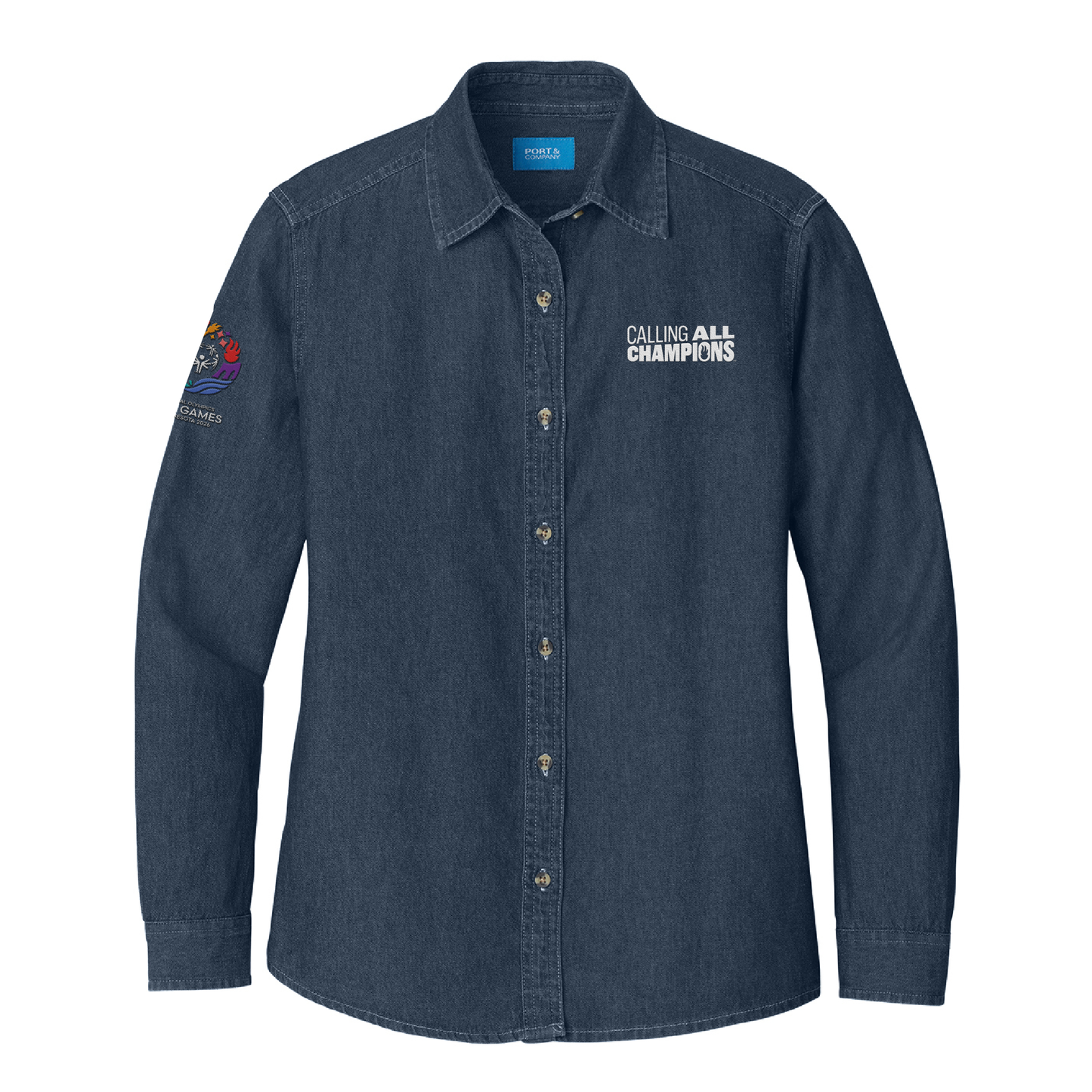 Calling All Champions™ Women's Embroidered Denim LS Button-Up Shirt